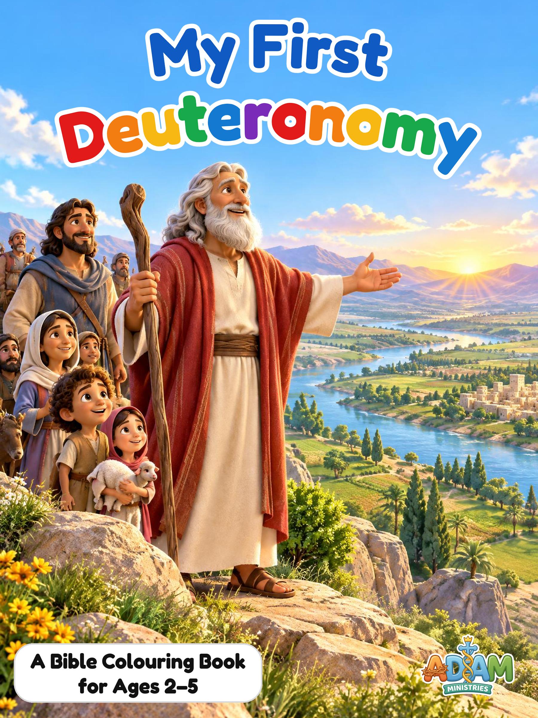 Cover of My First Deuteronomy Colouring Book · Ages 2–5, an ADAM Ministries Bible coloring book